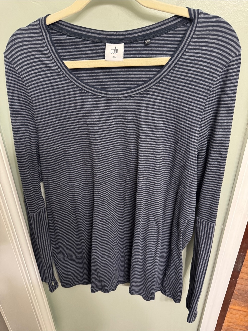 CAbi Navy and Gray Striped Long Sleeve Scoop Neck Top